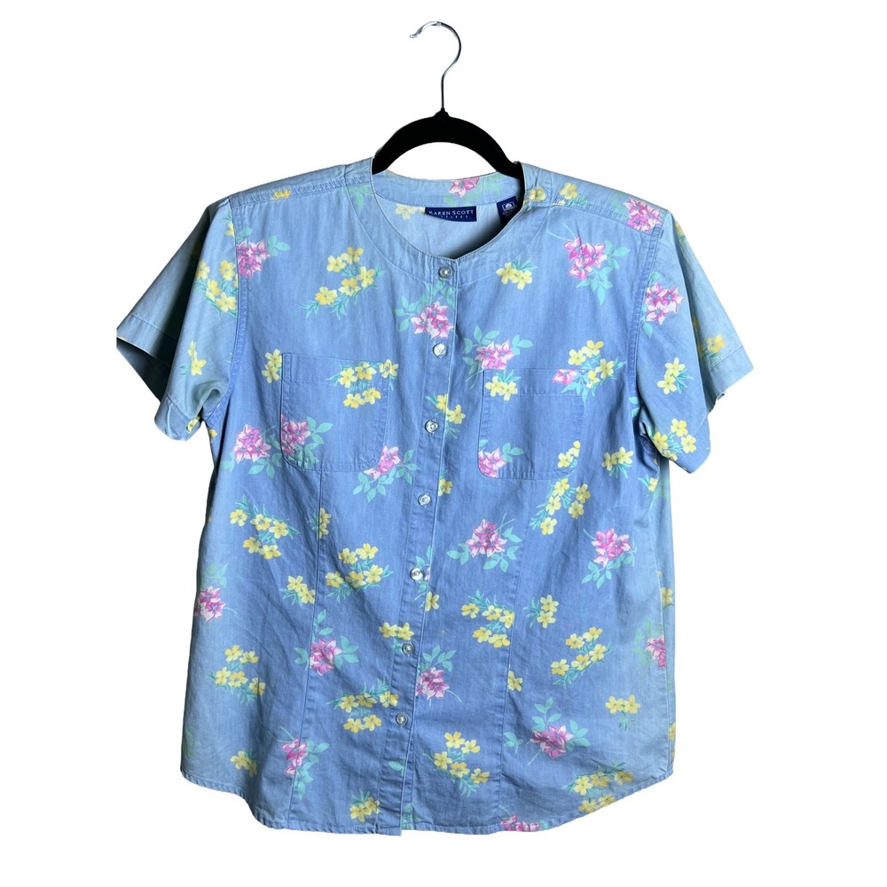 Vintage 90s Karen Scott Blue Floral Cotton Button Front‎ Short Sleeve Blouse 14